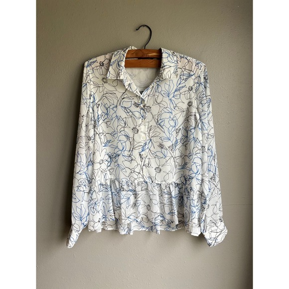 Tommy Hilfiger Tops - Tommy Hilfiger Womens Peplum Blouse Floral Long Sleeves Button Front White M